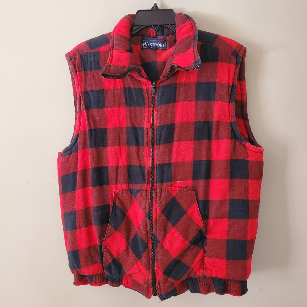 Vintage Westport 70s Puffer Plaid Red Black Zip Vest Size Vintage XL Men's